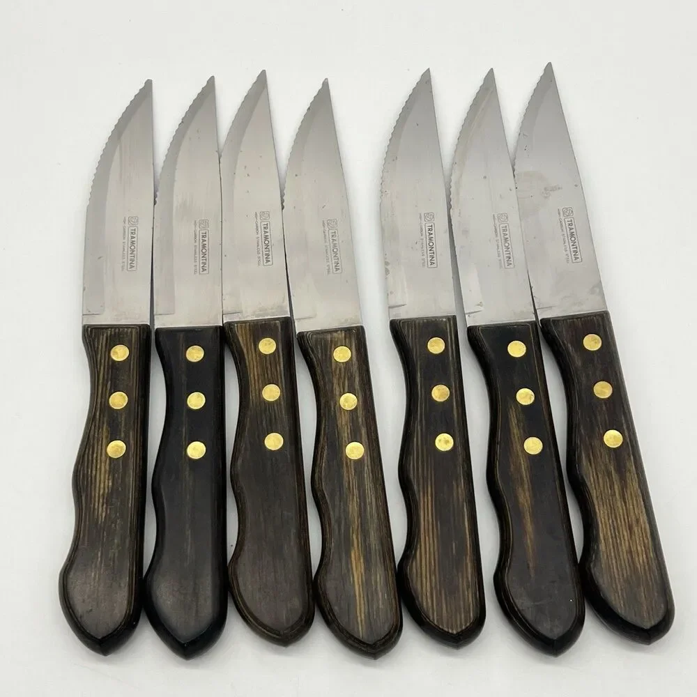 Set (7) TRAMONTINA Porterhouse SERRATED STEAK KNIVES w/ WOODEN WALL Hang/Drawer